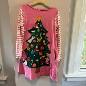 Mini Boden Pink and Green Long Sleeve Dress with Christmas Tree